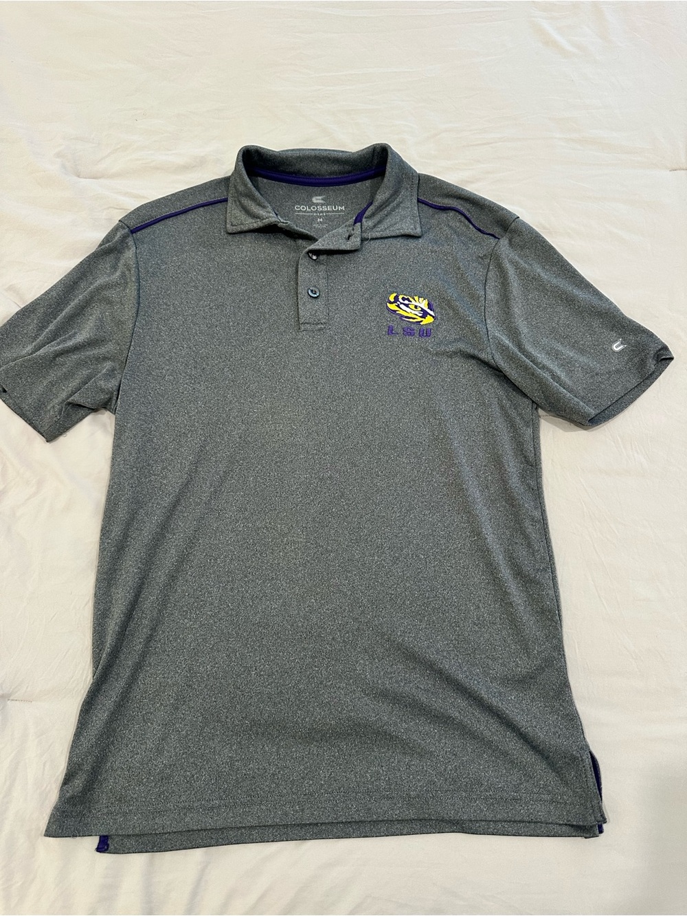 Colosseum Men's Gray Polo with LSU Logo and Purple Trim
